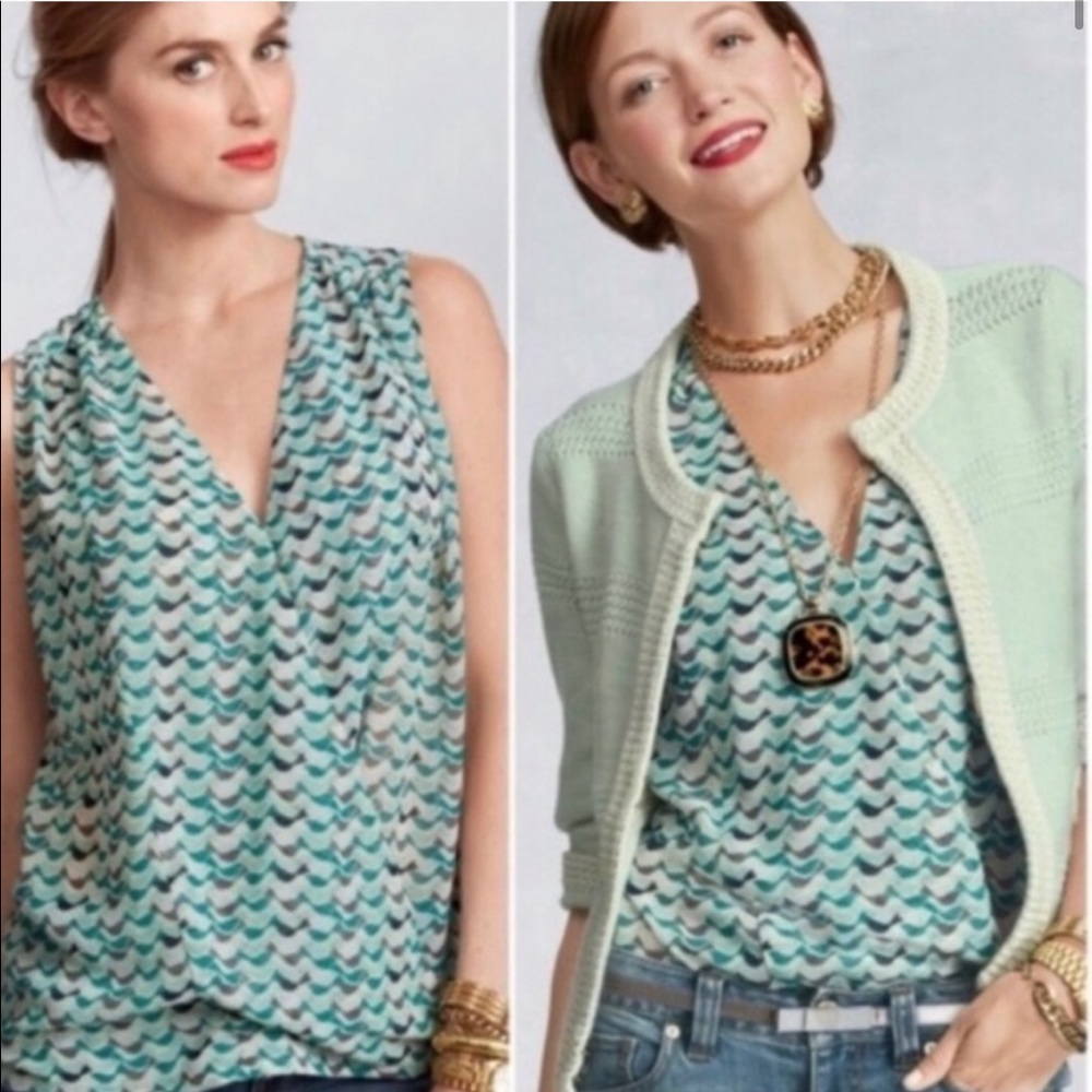 Cabi 342 bird print faux wrap teal tank top xsmall
